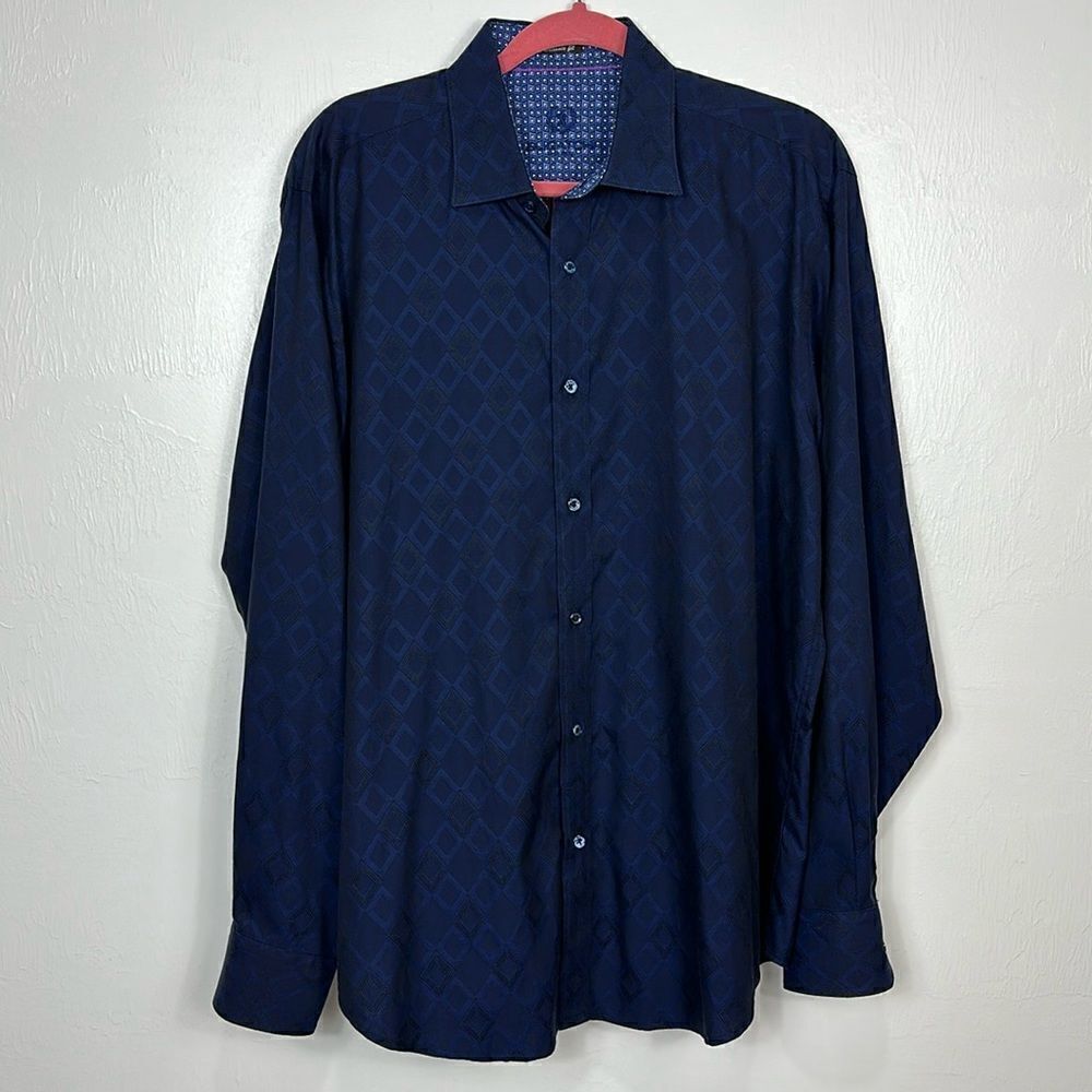 Bugatchi Blue Diamond Pattern Cotton Classic Fit Button Down Shirt Size L